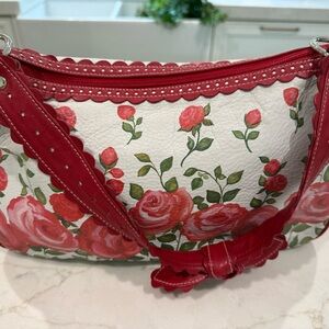 Isabella Fiore Red and White Shoulder Bag with Floral Design